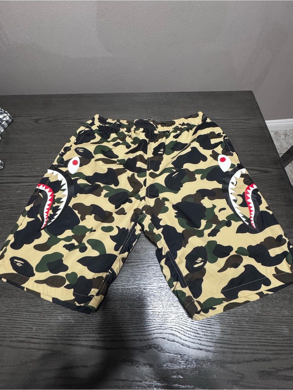Bape Men's Camo Shark Print Shorts - Tan Green